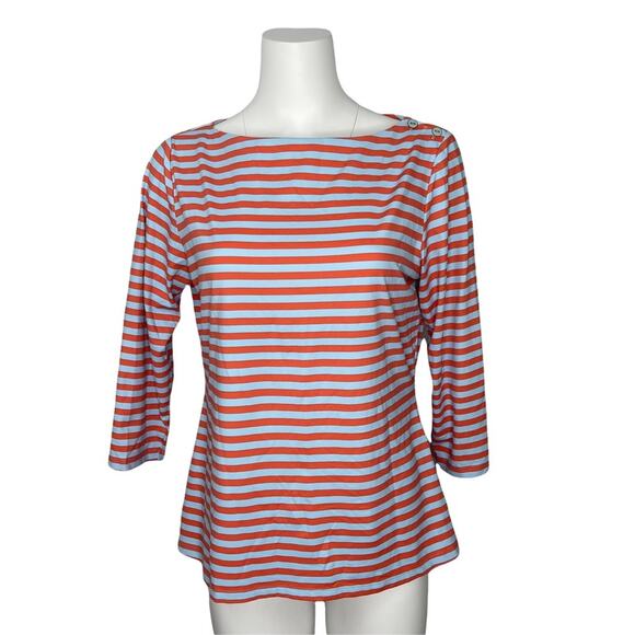 J. McLaughlin Tops - J. McLaughlin Wavesong Stripe Boat Neck 3/4 Sleeve Button Shoulder Tee Orange L